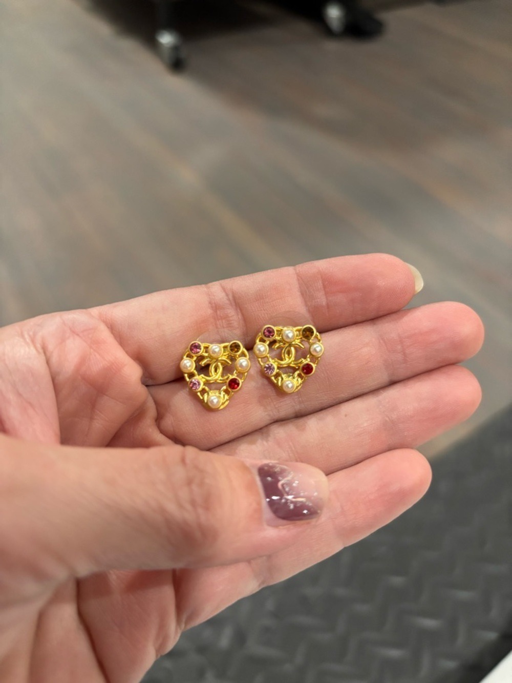 634. Upcycled Gold Heart Logo Stud Earrings with Red & Pink Accents